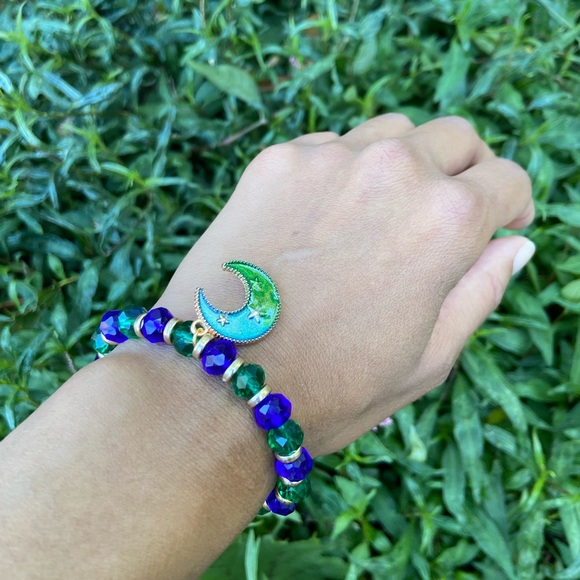 🌙Blue Plated Enamel Moon Celestial Charm Glass Bead Stackable Bracelet - Picture 5 of 5